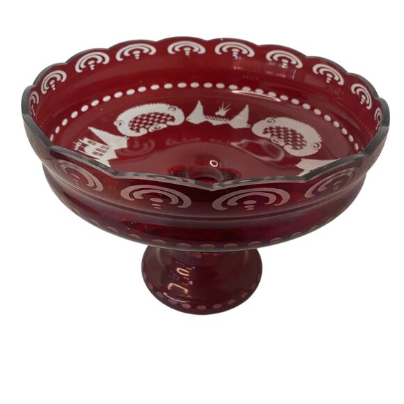 Egerman Czech Bohemian Ruby Red Glass Pedestal Fruit Bowl Magic Potion Christmas - Picture 8 of 16